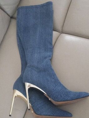 bebe Blue Denim Pointed-Toe Stiletto Knee Boots Retro 2k Style Size 11